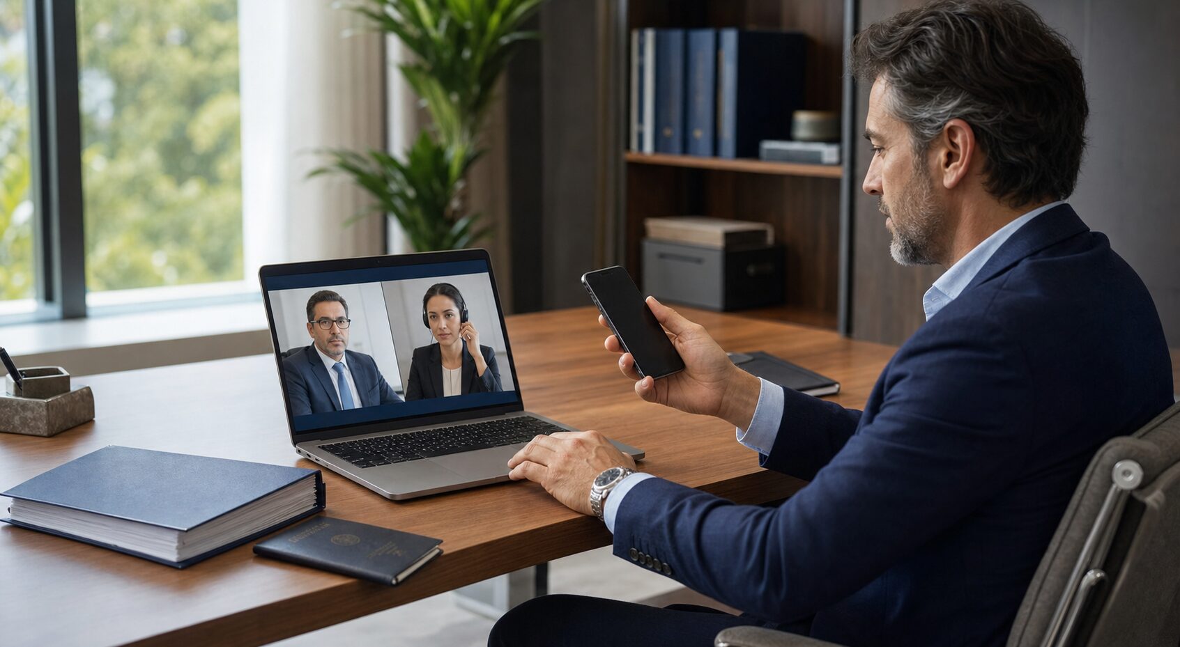 Cliente internacional durante una videollamada notarial multilingüe en España