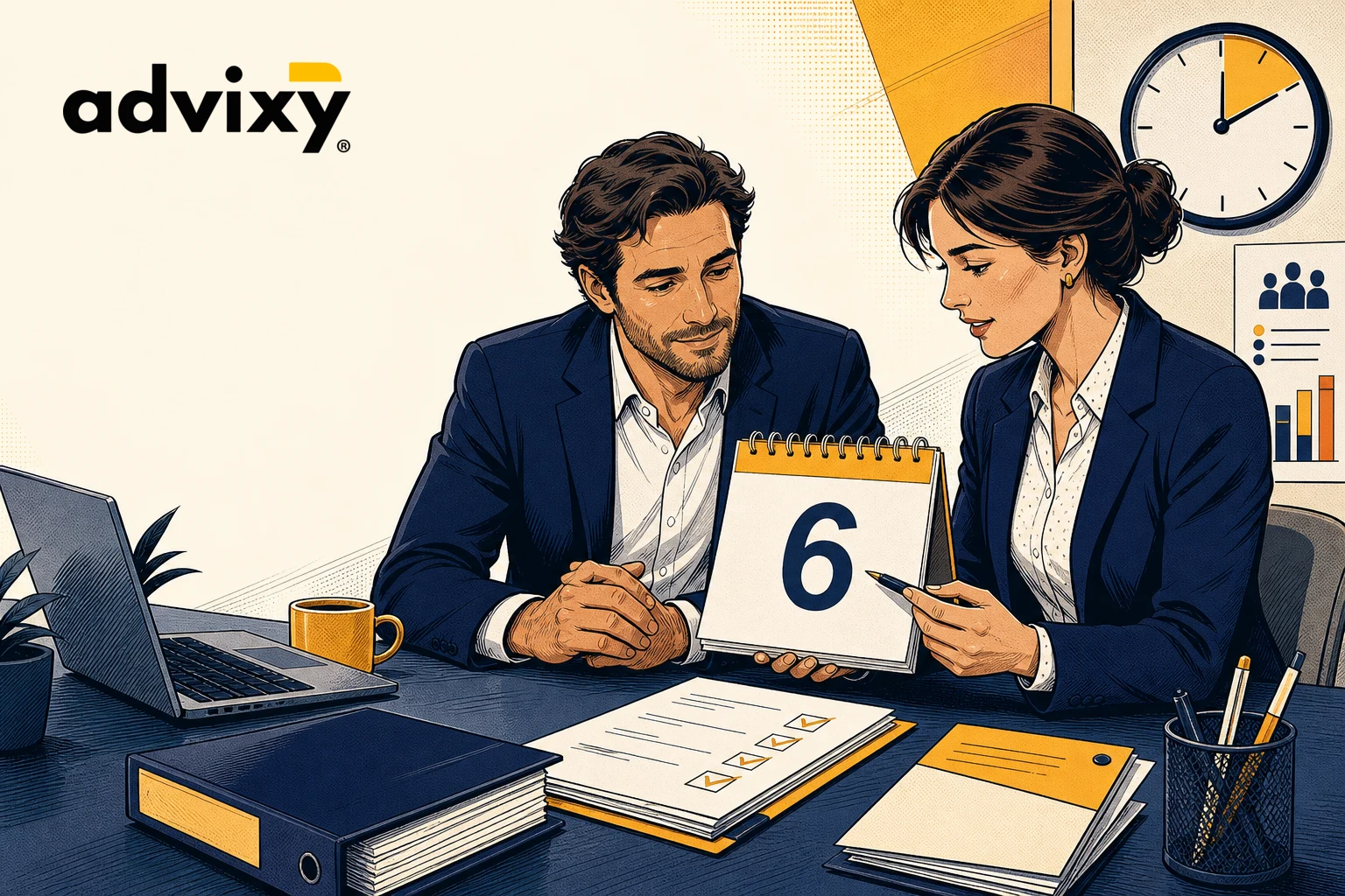 Asesora laboral y empresario revisan el nuevo plazo de seis días de la Seguridad Social, con el logo oficial de Advixy