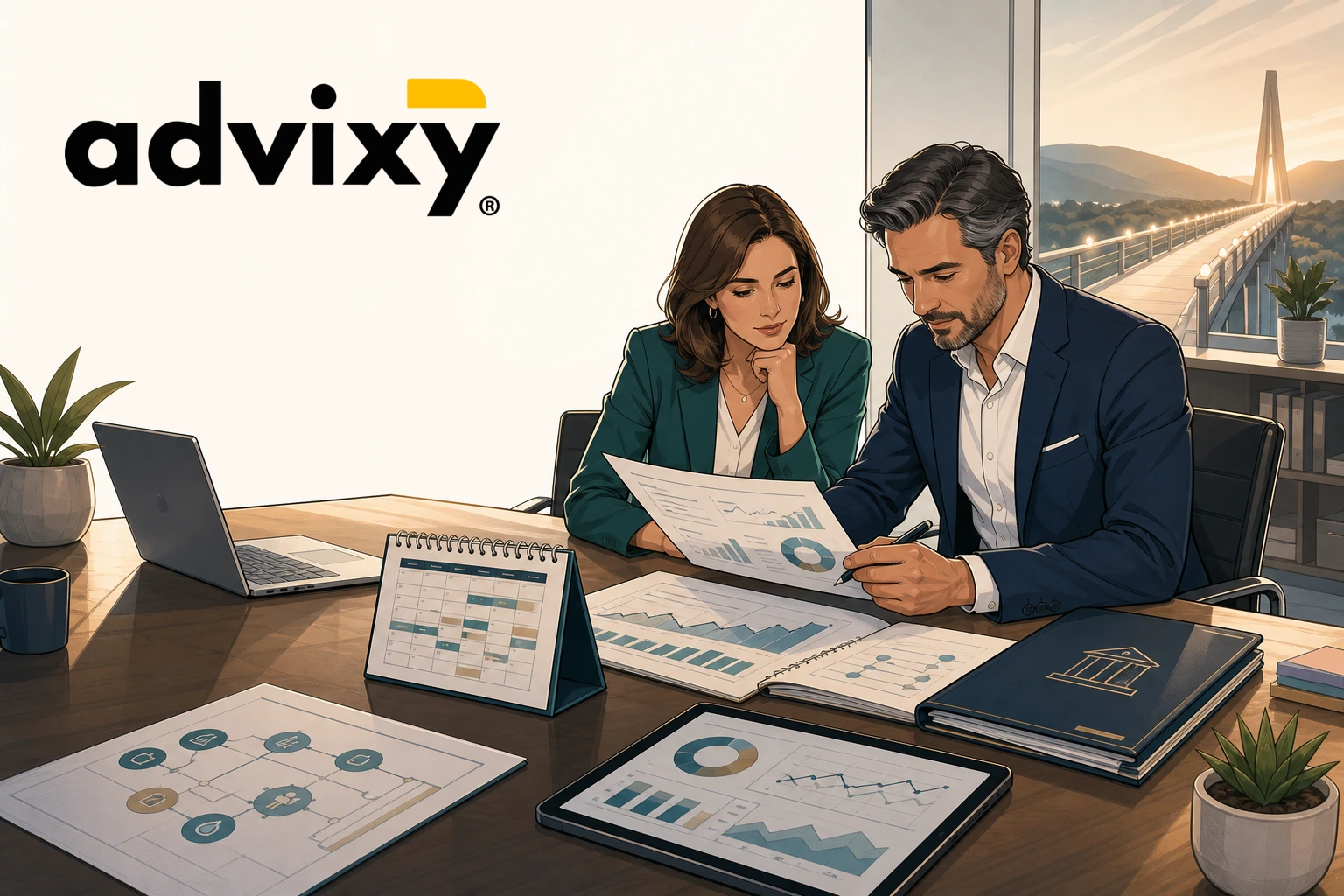 Equipo directivo revisando previsiones de tesorería y continuidad empresarial antes de una auditoría, con logo oficial Advixy