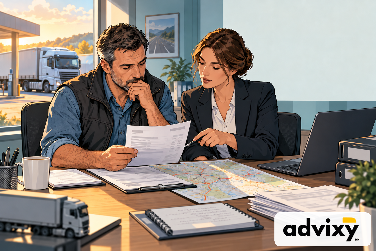Transportista y asesora revisan documentación de una flota de camiones para las ayudas al combustible de 2026