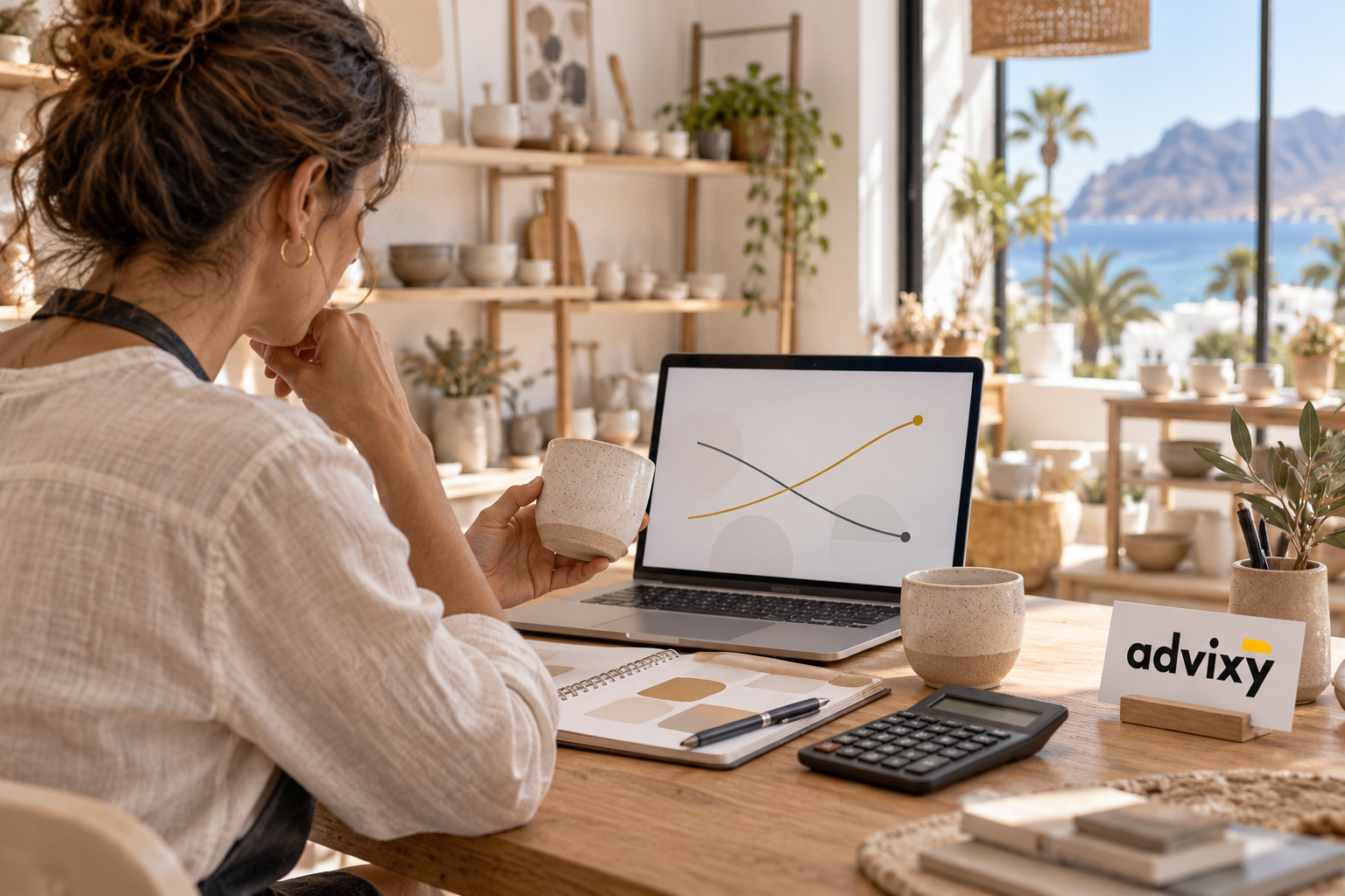 A professional seen from behind in a pottery workshop, facing a laptop displaying a conceptual chart; beside her are two mugs, a calculator and a card bearing the Advixy logo.