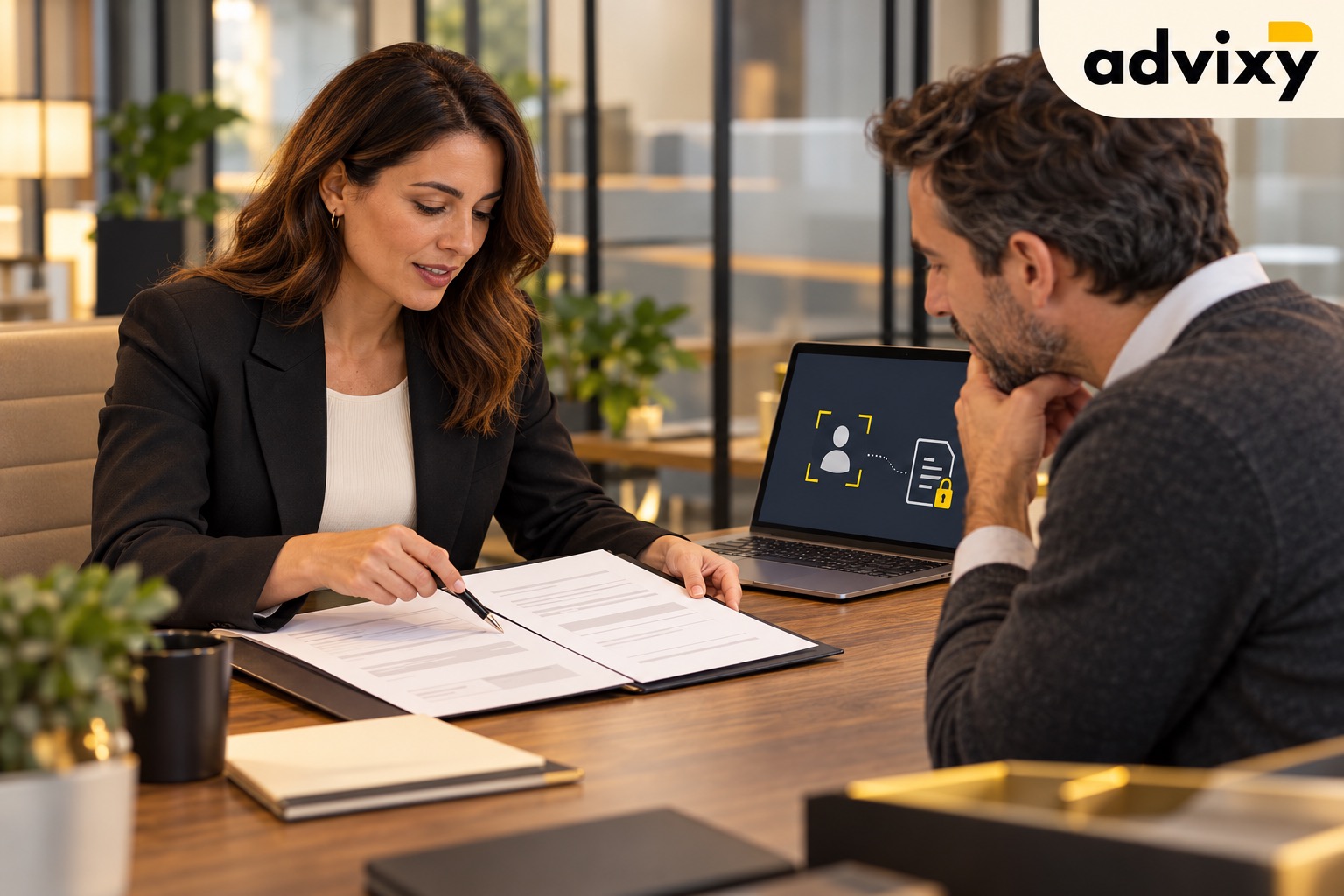 An adviser and business owner review a folder and anonymised documents; a laptop displays abstract security icons, and the Advixy logo appears.